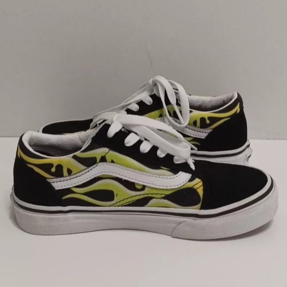 Vans Old Skool Little Kids Size 3.0 Black And True White Slime Green Flame! - Picture 6 of 8